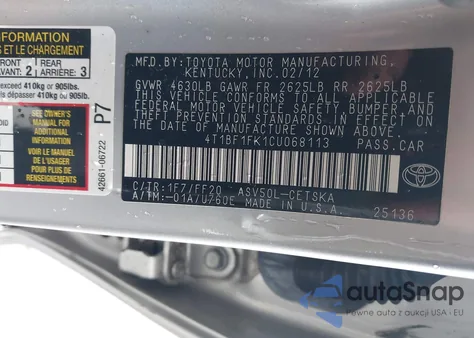 2012 Toyota Camry Se z USA, uszkodzony, nr VIN 4T1BF1FK1CU068113